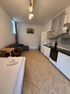 cocina y sala de estar con mesa en una habitación en Hotelwohnung mit integrierter Küche & Bad, en Marktbreit