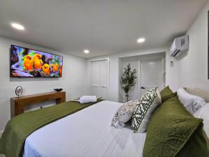 タンパにあるThe Executive Landing , 1BR, 7 TPA Airport, AC, Free Pkng, Wine, Fast Wi-Fiのベッドルーム1室(大型ベッド1台、壁掛けテレビ付)