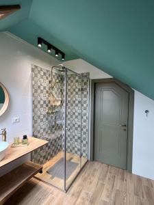 a bathroom with a shower with a glass door at Iedera Bucovinei in Suceviţa