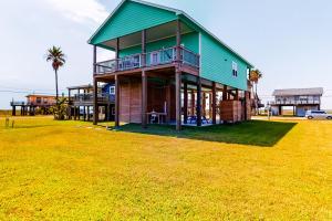 a house with a green roof on a grass field at Amazing Gulf Views Large Deck Family Fun in Hercules Offshore Heliport