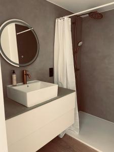 a bathroom with a white sink and a mirror at Mase waterunits 6 & 7 in Maaseik +25 photos