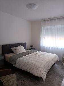 a bedroom with a large bed and a window at Apartman Centar A in Modriča