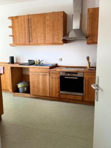a kitchen with wooden cabinets and a black oven at monteur-zimmer in Dillingen an der Saar +1 photo