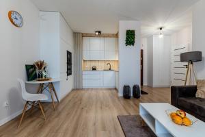 salon z kanapą i stołem w obiekcie Apartament Pirat w Ostródzie +5 zdjęć