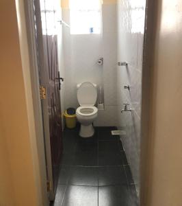 a bathroom with a toilet and a walk in shower at Atlantis City BnB in Nakuru