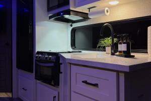 a kitchen with purple cabinets and a sink and a window at Luxury RV - Hot Tub - Fire Pit - Outdoor Serenity in Blue Ridge +1 photo