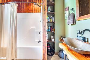 un bagno con doccia e lavandino di Martin Springs Cabin a South Pittsburg Altre 54 foto