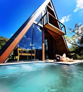 a woman laying in a swimming pool in a house at Cabana Zé da Lapinha - Passarela in Santana do Riacho