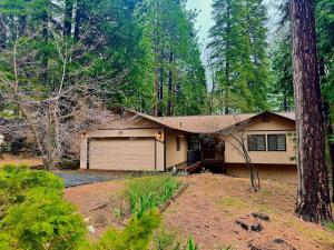a house with a garage in the woods at Forest View Family Home in Pollock Pines