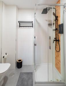 a bathroom with a shower with a sink and a toilet at Baiona by Ladeira in Baiona