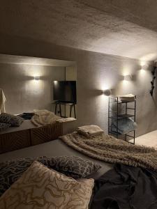 a hotel room with two beds and a television at Chill room PLUS in Golčŭv Jeníkov