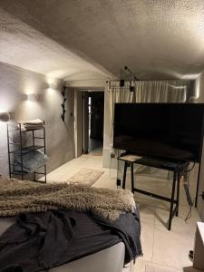 a bedroom with a bed and a piano at Chill room PLUS in Golčŭv Jeníkov