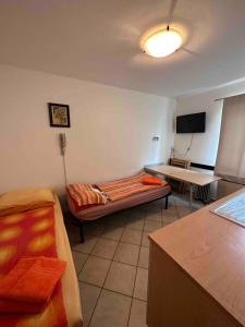 a living room with a couch and a table at Studio on the ski slopes in Passo del Tonale