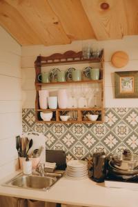 een keuken met een wastafel en een plank met borden bij Atpūtas komplekss Usmas Meķi in Renda +152 foto's