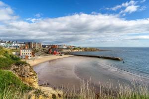 a view of a beach with houses and the ocean at Blue Crab House - Tynemouth in Tynemouth