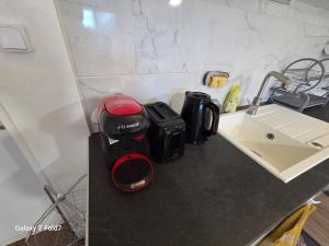 a kitchen counter with a mixer and a sink at Appartement 2 pièces près du lac de Bouzey in Sanchey