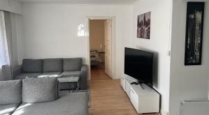 a living room with a couch and a flat screen tv at Koselig 3 roms leilighet på Rjukan in Øverland