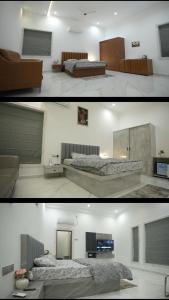 dos fotos de un dormitorio con dos camas. en Rs cinema villa, en Moinabad
