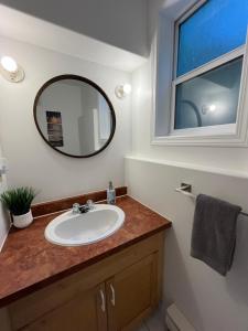 a bathroom with a sink and a mirror at Lake View Suite, Forest Retreat, Balfour BC in Balfour