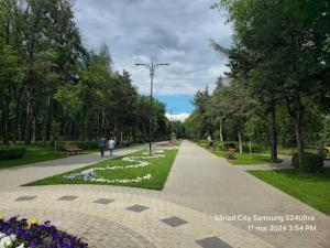 a walkway in a park with people walking and flowers at HomeLand3 in Bîrlad
