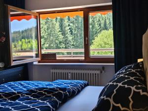 una camera da letto con un letto e una grande finestra di Ferienwohnung Tannenballett im Schwarzwald a Baiersbronn Altre 55 foto