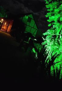 a house with green lights on it at night at Recanto Nascer do Sol in Nova Petrópolis