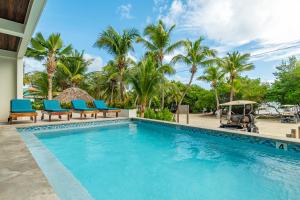 a pool at a resort with blue chairs and palm trees at Hibisco Belize in San Pedro