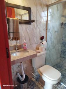 une salle de bain avec toilettes, lavabo et miroir dans l'établissement Chalé Arminda Costa, à Ouro Preto 8 autres photos
