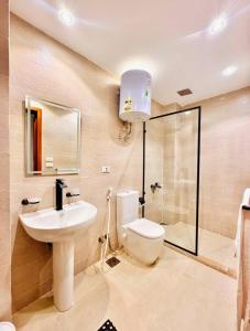 a bathroom with a toilet and a sink and a shower at Amon Pyramids View Inn in Cairo