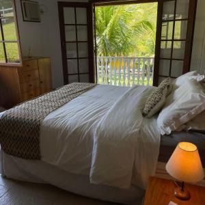 a bedroom with a large white bed with a window at Pousada Sítio Mãe Natureza in Japuíba +15 photos