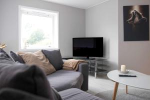 トロムソにあるPractical 3-Beds Apartment in Tromsøのソファとテレビのあるリビングルーム +19枚の写真