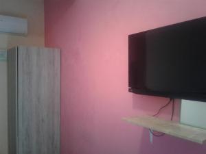 a flat screen tv hanging on a pink wall at Hornbill Resort Pangkor in Pangkor