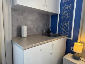 Una pequeña cocina con fregadero y una pared azul. en Garden of Apollo, en Korinthos