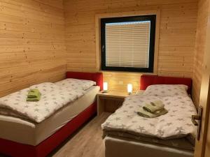 two twin beds in a room with a window at Holiday home in Rieden with swimming pool in Rieden