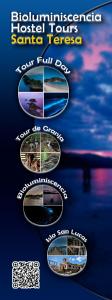 Un cartel para un festival con fotos de diferentes lugares. en Bioluminiscencia Hostel Tours Santa Teresa, en Santa Teresa Beach