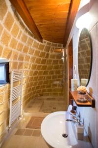 a bathroom with a sink and a shower with a mirror at Grandi Trulli Bed & Breakfast in Alberobello