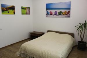 ein Schlafzimmer mit einem Bett und drei Bildern an der Wand in der Unterkunft Apartment For Guests with Soul in Winnyzja