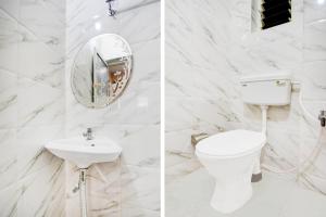 two pictures of a bathroom with a toilet and a sink at Super Townhouse Kumhrar Archeological Park Formerly Hotel Karuna Palace in Gulzārbāgh