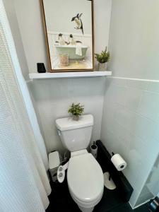 a bathroom with a toilet with a picture on the wall at 20 min NYC-Modern Private Room-Queen Bed-Parking in Jersey City +16 photos