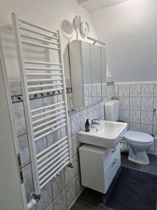 a bathroom with a sink and a toilet and a mirror at Gesamte Unterkunft in zentraler Lage in Hattingen in Hattingen