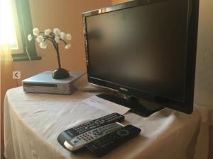 a computer monitor and two remote controls on a table at Palm-Apartment in Budapest