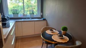 a kitchen with a table and two chairs and a sink at Appartement 115 m2 Garage Tram Lille St Maur in Lille +8 photos