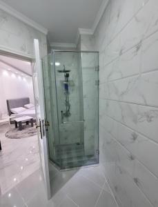 un bagno con doccia con porta in vetro di Queen T Juliana Beach Resort a Hurghada
