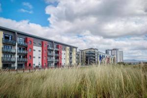 a row of apartment buildings on the beach with tall grass at Ground Floor Beach Front Apartment in Swansea