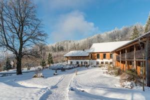 a building covered in snow with a snow covered yard at GutsAlm Harlachberg in Bodenmais