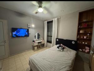 ein Schlafzimmer mit einem Bett und einem Flachbildfernseher in der Unterkunft Cottage near the beach in Kesar Shenaryahu + 9 Fotos