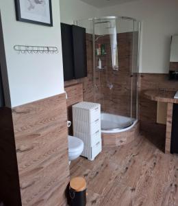 a bathroom with a shower and a toilet and a tub at Apartamenty TUTERRA IV in Zabagnie +37 photos