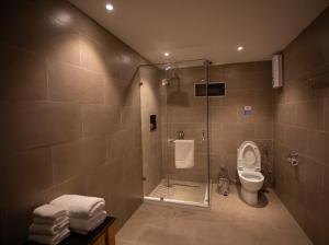 a bathroom with a shower with a toilet and a sink at Nangter Retreat in Paro