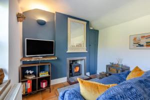 a blue living room with a tv and a fireplace at Poppy Cottage in Stiffkey