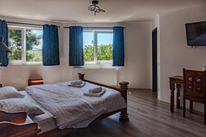 a bedroom with a bed and windows with blue curtains at Casa Luna Șirnea in Şirnea